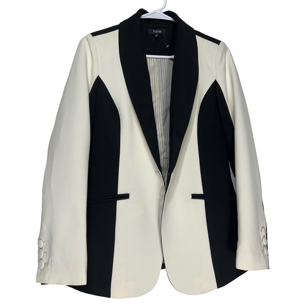 Fate Black White Colorblock Shawl Collar Single Button Tuxedo Style Blazer Small
